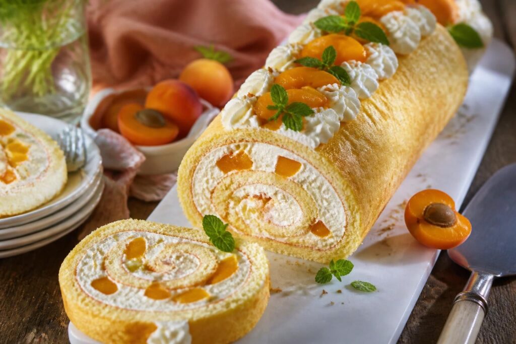Aprikosen-Mascarpone-Rolle vom Blech, angeschnitten auf einem Holzbrett, mit sichtbarer cremiger Füllung und frischen Aprikosenstücken, ohne Gelatine zubereitet