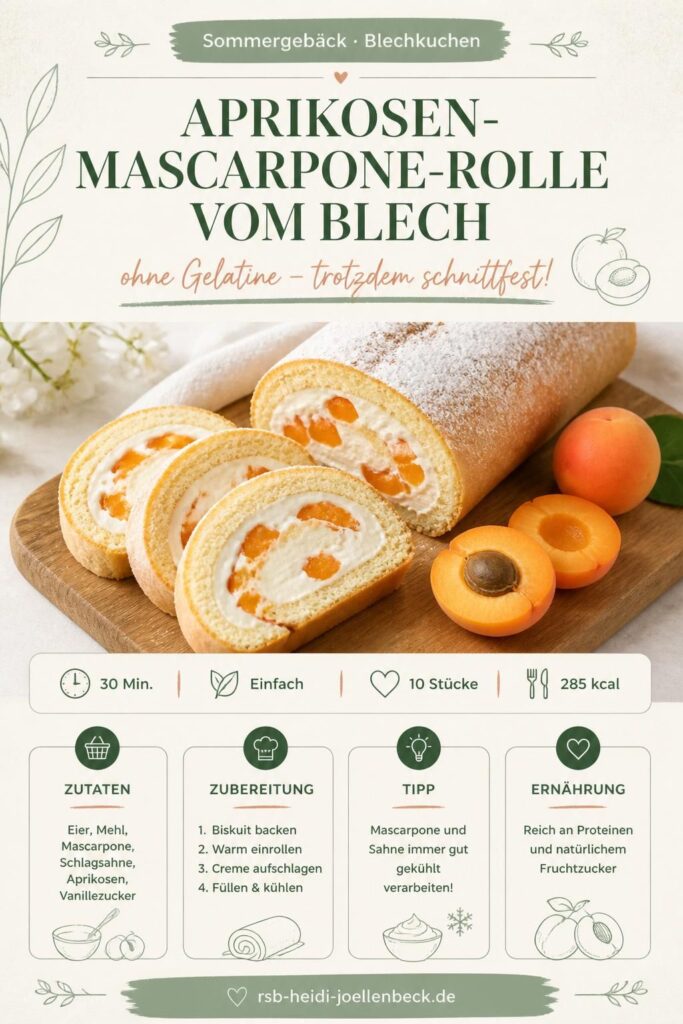 Aprikosen-Mascarpone-Rolle vom Blech ohne Gelatine – Pinterest-Grafik mit Rezept und Nährwerten