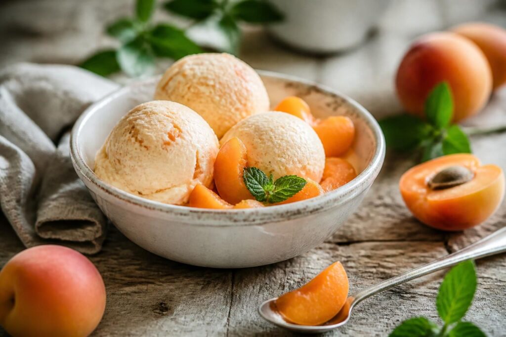 Aprikosen-Parfait ohne Eismaschine in Scheiben aufgeschnitten, cremige Textur mit Mascarpone sichtbar, dekoriert mit frischen Aprikosenspalten
