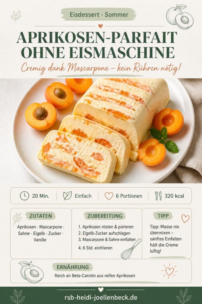 Aprikosen-Parfait ohne Eismaschine aufgeschnitten, cremige Mascarpone-Textur sichtbar, Pinterest-Pin