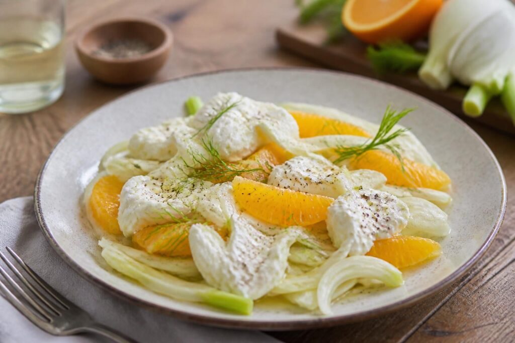 Fenchel-Orangen-Salat mit Burrata auf einem weißen Teller, garniert mit Fenchelgrün, Orangenfilets und Fleur de Sel