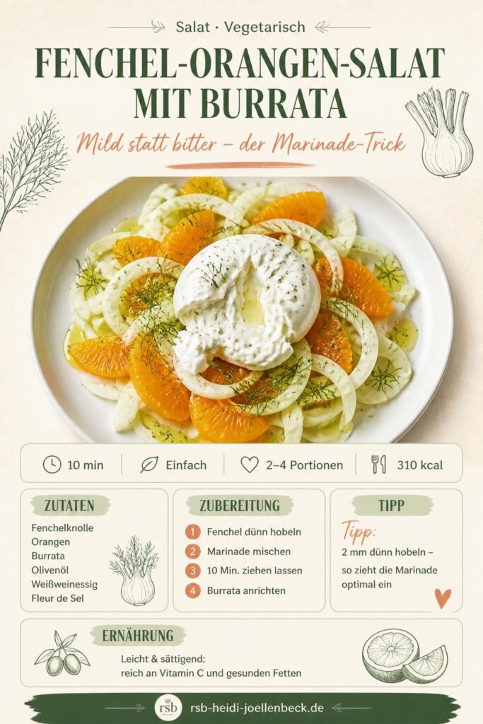 Fenchel-Orangen-Salat mit Burrata auf einer Servierplatte – Pinterest-Bild