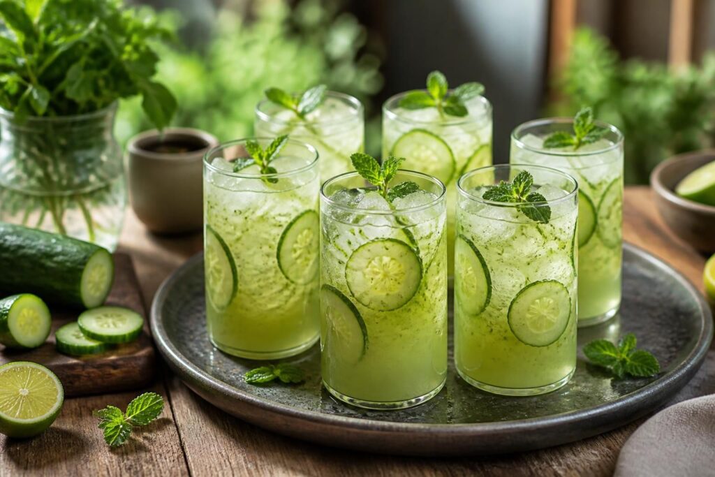 Sechs Gläser Gurken-Kräuter-Limonade ohne Zucker auf einem Holztablett mit frischer Minze und Gurkenscheiben