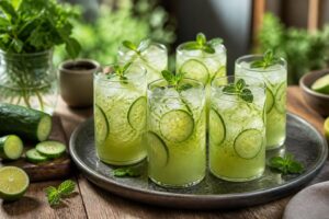 Sechs Gläser Gurken-Kräuter-Limonade ohne Zucker auf einem Holztablett mit frischer Minze und Gurkenscheiben