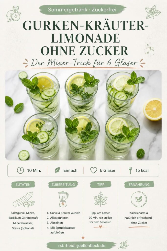 Gurken-Kräuter-Limonade ohne Zucker – Pinterest-Rezeptkarte mit Zutaten und Mixer-Trick