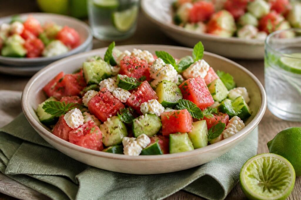 Gurken-Melonen-Salat mit Feta und Limetten-Dressing in einer weißen Schüssel, garniert mit frischer Minze, serviert als Grillbeilage