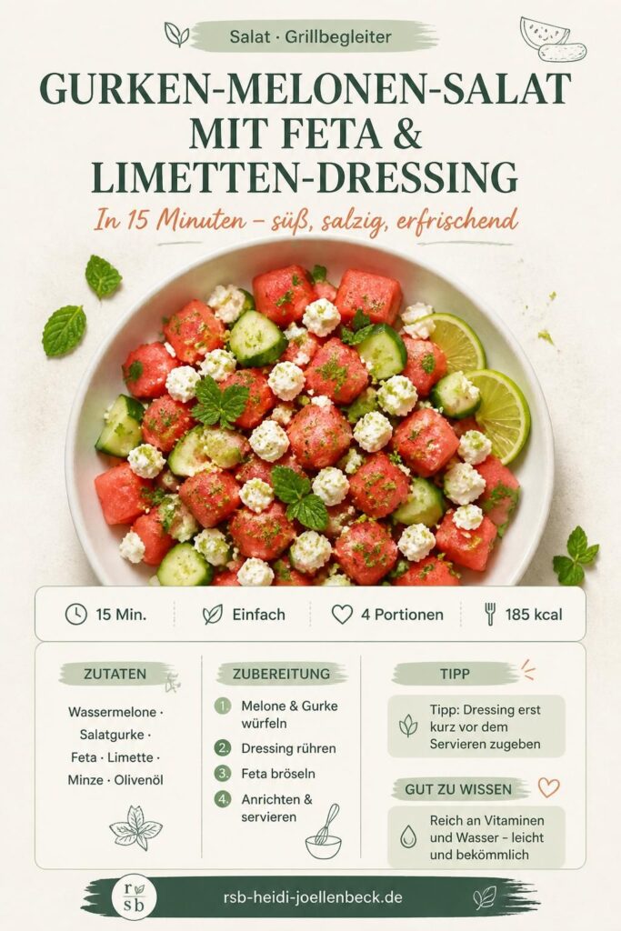 Gurken-Melonen-Salat mit Feta und Limetten-Dressing – Pinterest-Pin