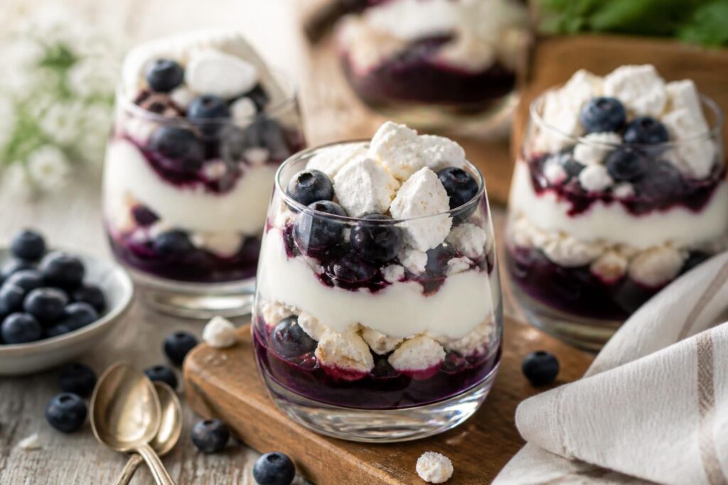 Heidelbeer-Baiser-Dessert im Glas – knusprige Baiserstücke, cremige Mascarpone und frische Heidelbeeren, schichtweise angerichtet in einem Dessertglas