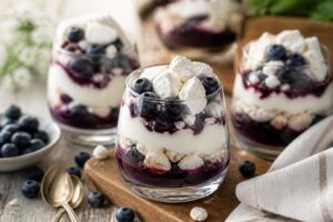 Heidelbeer-Baiser-Dessert im Glas – knusprige Baiserstücke, cremige Mascarpone und frische Heidelbeeren, schichtweise angerichtet in einem Dessertglas