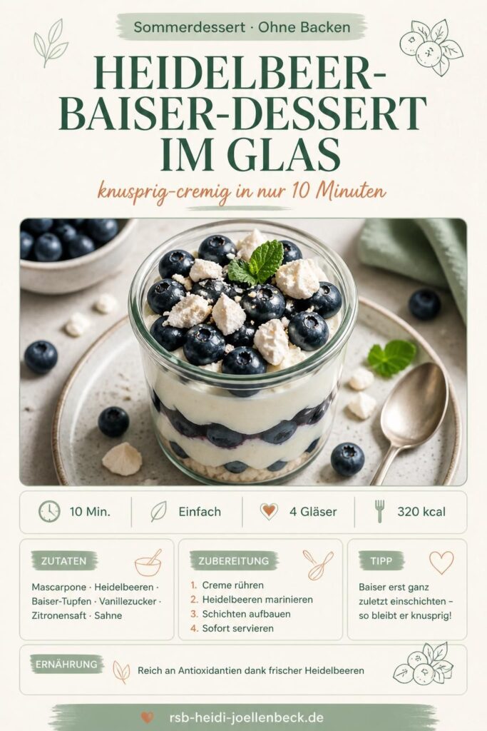 Heidelbeer-Baiser-Dessert im Glas – knusprige Baiserstücke auf cremiger Mascarpone und frischen Heidelbeeren