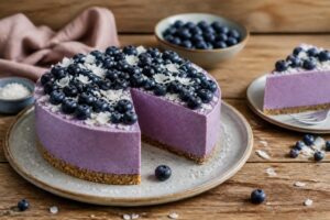 Heidelbeer-Kokos-Torte ohne Backen mit schnittfester Quarkcreme und frischen Heidelbeeren, angeschnitten auf einem hellen Holzbrett