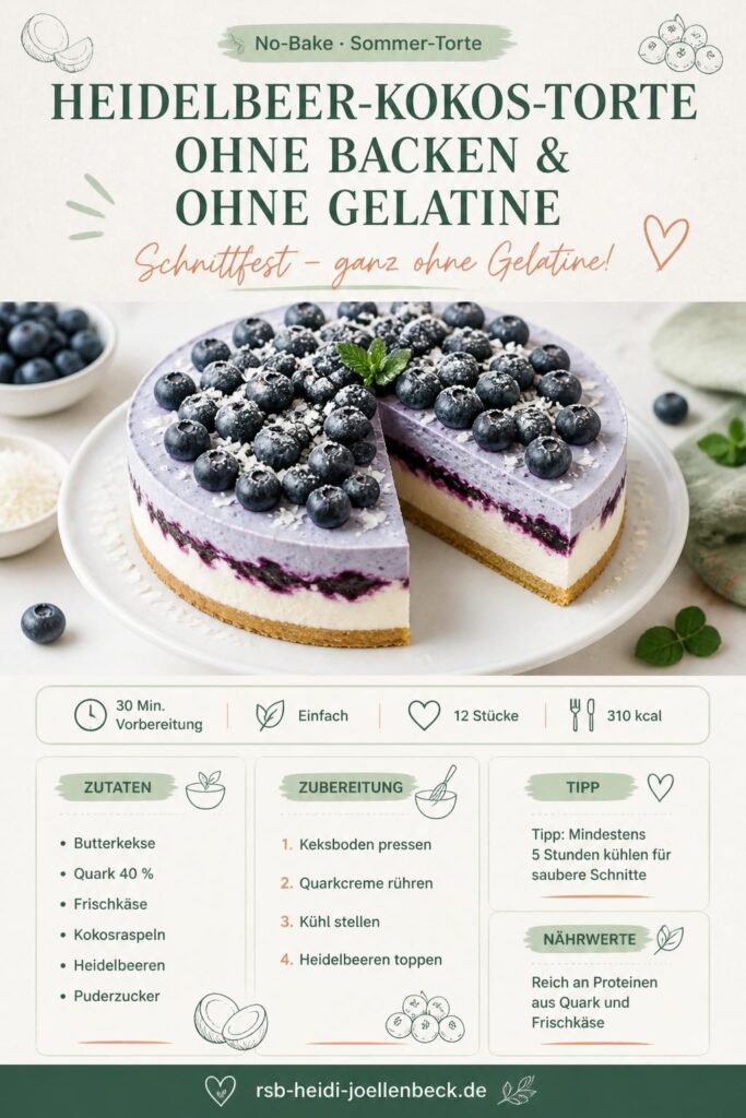 Heidelbeer-Kokos-Torte ohne Backen ohne Gelatine – schnittfeste Quarkcreme mit Heidelbeer-Topping, Pinterest-Pin