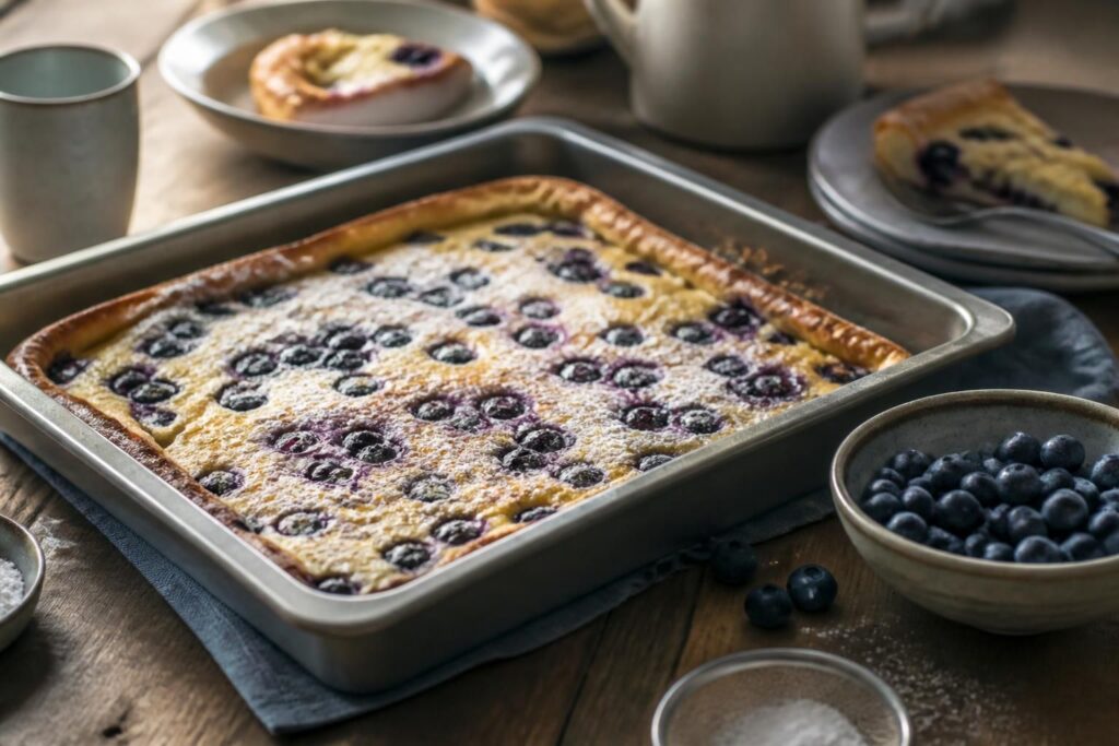 Heidelbeer-Pfannkuchen vom Blech frisch aus dem Ofen, goldbraun mit saftigen Blaubeeren, in Stücke geschnitten auf einem hellen Holztisch