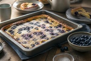 Heidelbeer-Pfannkuchen vom Blech frisch aus dem Ofen, goldbraun mit saftigen Blaubeeren, in Stücke geschnitten auf einem hellen Holztisch