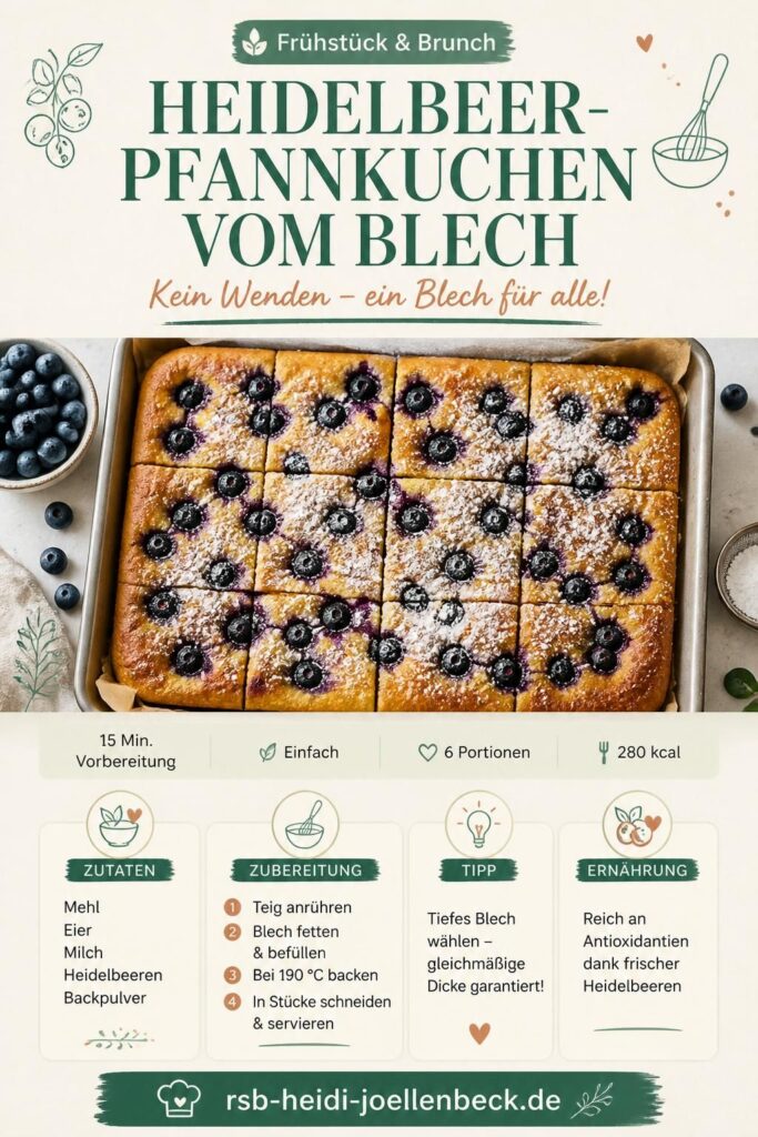Heidelbeer-Pfannkuchen vom Blech aus dem Ofen, goldbraun und in Stücke geschnitten – Pinterest-Rezeptkarte