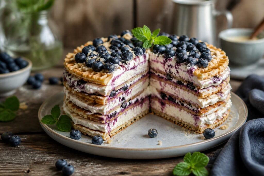 Heidelbeer-Waffeltorte ohne Backen mit Mascarpone-Creme und frischen Blaubeeren, in Schichten auf einem Holzbrett angeschnitten