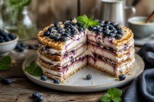 Heidelbeer-Waffeltorte ohne Backen mit Mascarpone-Creme und frischen Blaubeeren, in Schichten auf einem Holzbrett angeschnitten