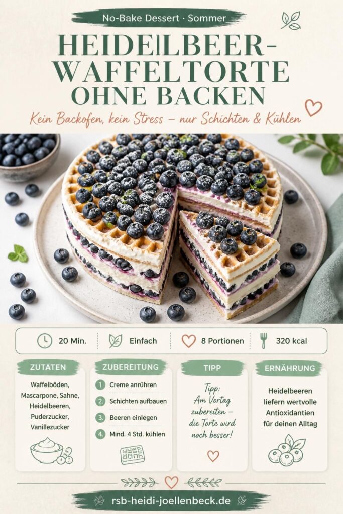 Heidelbeer-Waffeltorte ohne Backen mit Mascarpone-Creme, angeschnitten auf einem Holzbrett