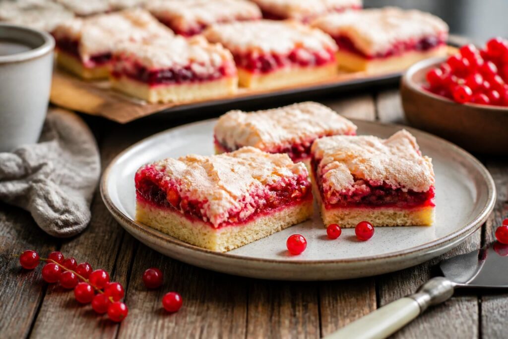 Johannisbeer-Baiser-Schnitten vom Blech – saftige Rührteig-Schnitten mit roten Johannisbeeren und goldbrauner Baiserhaube, frisch aus dem Ofen