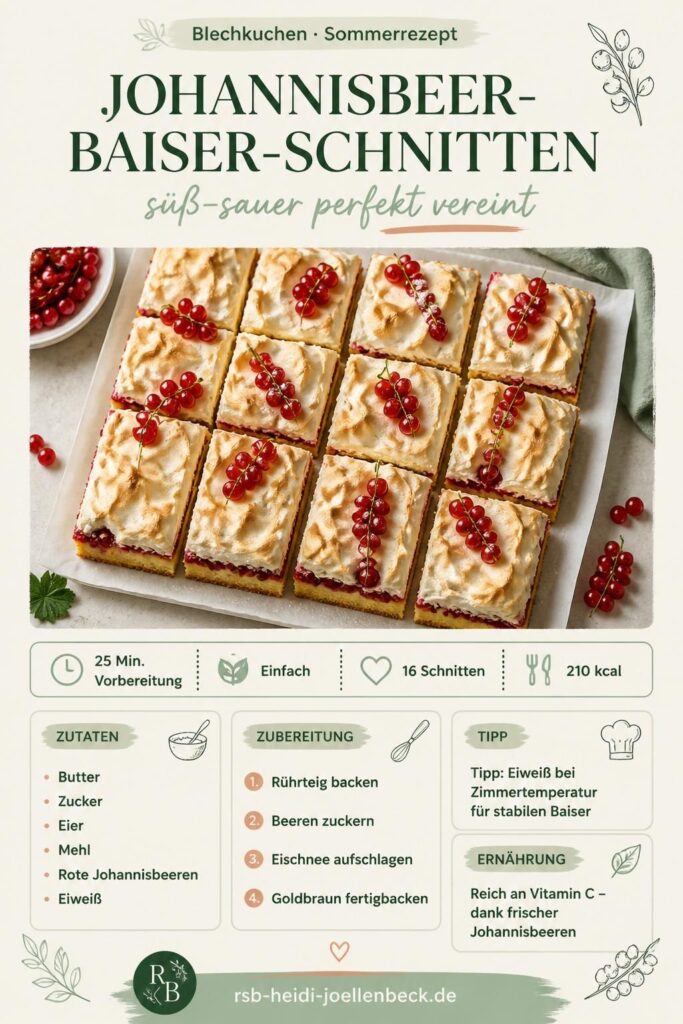 Johannisbeer-Baiser-Schnitten vom Blech – Pinterest-Rezeptkarte mit Rührteig und Baiserhaube