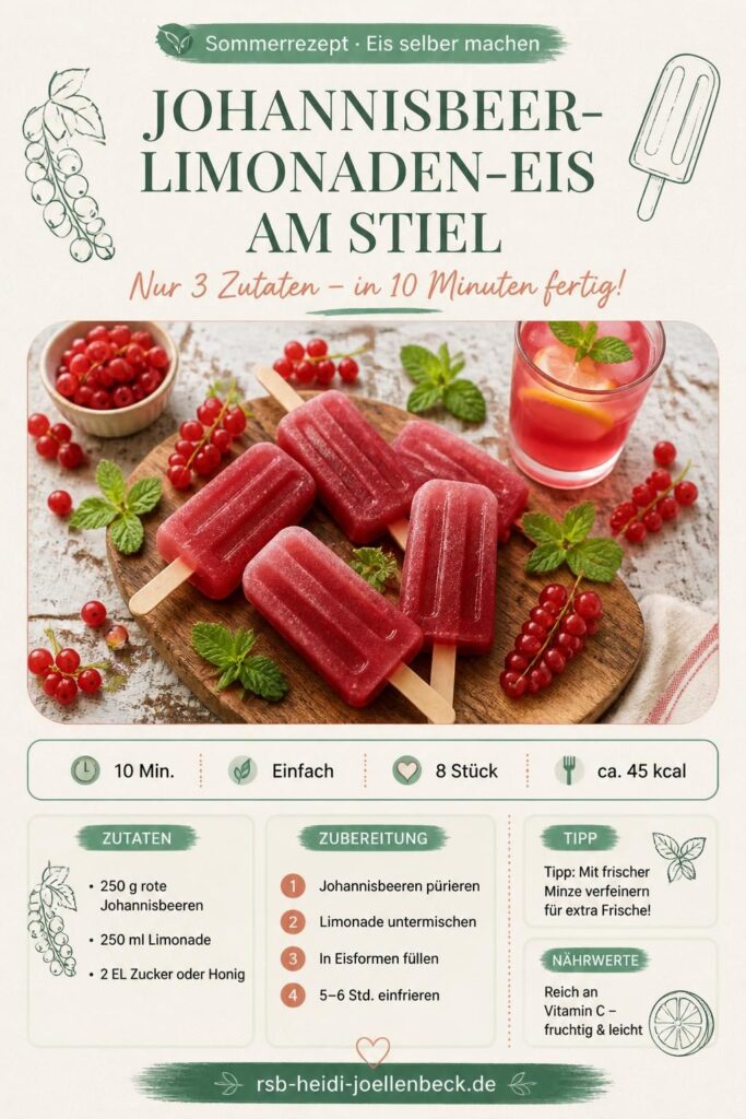 Johannisbeer-Limonaden-Eis am Stiel – fruchtiger Ferien-Snack mit nur 3 Zutaten, Pinterest-Rezeptkarte