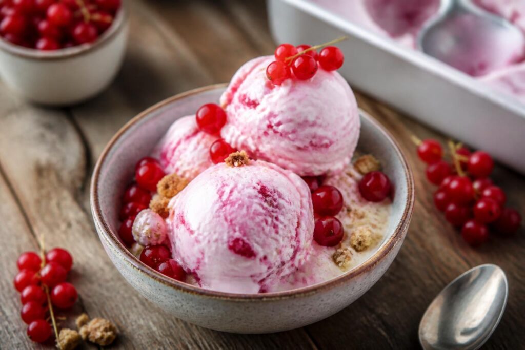 Cremiges Johannisbeer-Quark-Eis in einer weißen Schale, garniert mit frischen roten Johannisbeeren und Minzblättern, auf einem hellen Holzuntergrund