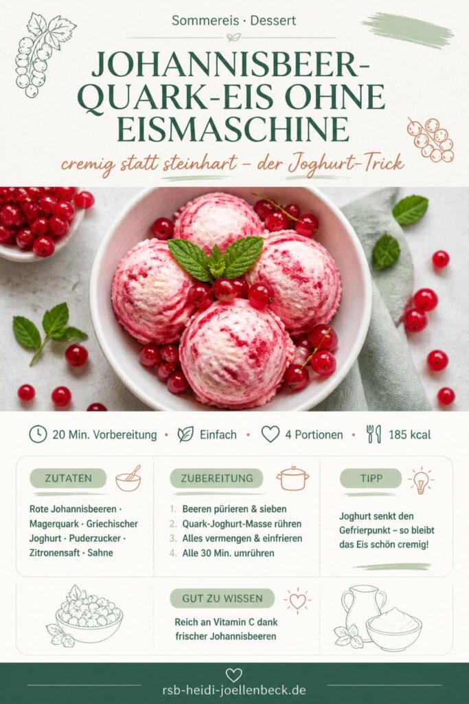 Johannisbeer-Quark-Eis ohne Eismaschine – cremig und fruchtig, mit frischen roten Johannisbeeren garniert