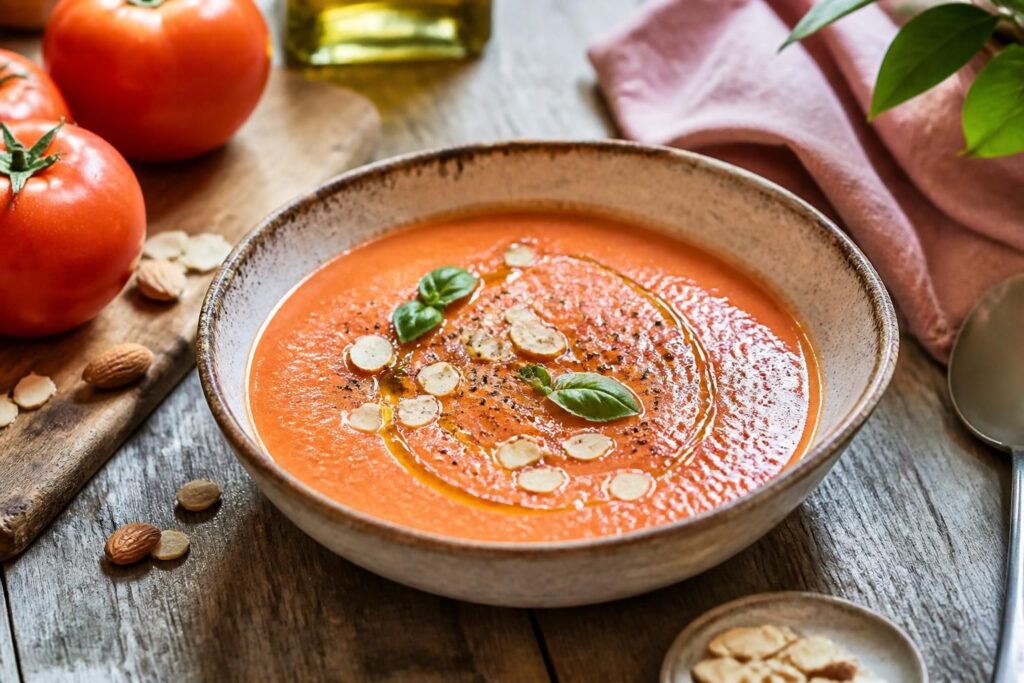 Kalte Tomaten-Mandel-Suppe im weißen Teller, garniert mit Granatapfelkernen und einem Klecks Olivenöl, spanisches Ajo-Blanco-Rezept