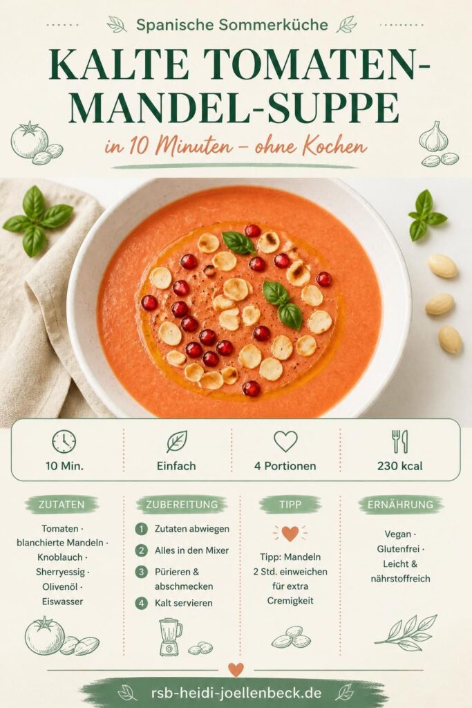 Kalte Tomaten-Mandel-Suppe in einem weißen Teller, garniert mit Granatapfelkernen und Olivenöl – spanisches Ajo-Blanco-Rezept