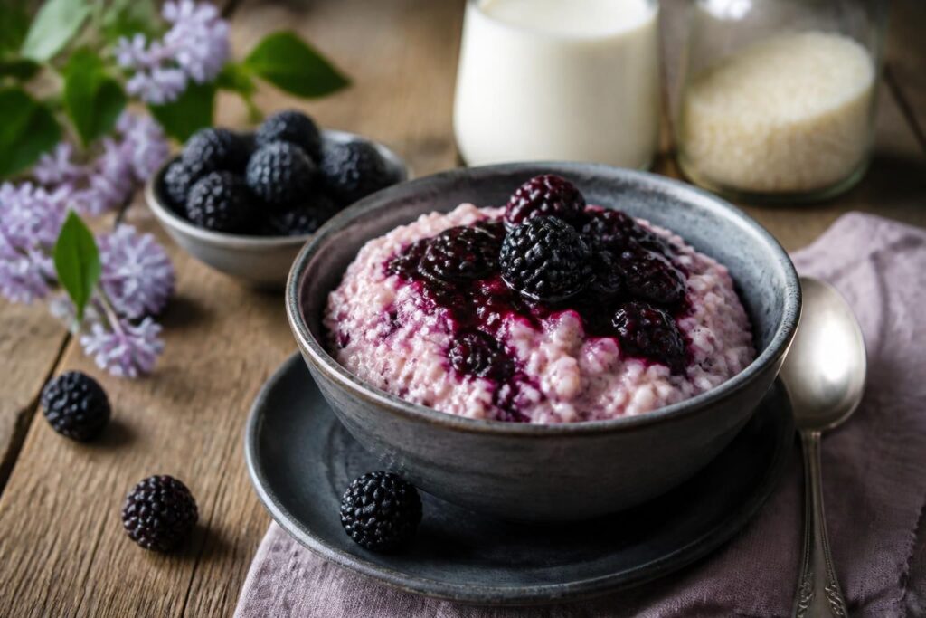 Kalter Brombeer-Milchreis in einer weißen Schüssel, cremige Textur, garniert mit frischen Brombeeren und einer Vanilleschote, von oben fotografiert