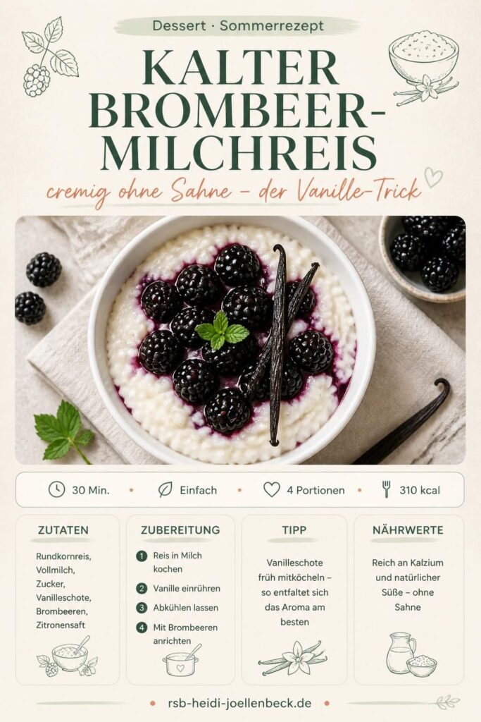 Kalter Brombeer-Milchreis cremig ohne Sahne – Pinterest-Rezeptkarte von rsb-heidi-joellenbeck.de