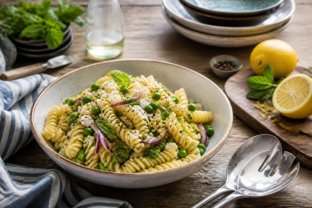 Kalter Erbsen-Nudelsalat mit Zitronencreme in einer weißen Schüssel, garniert mit frischer Minze und Zitronenscheiben, von oben fotografiert