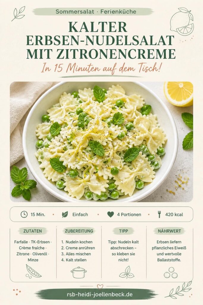 Kalter Erbsen-Nudelsalat mit Zitronencreme – Pinterest-Rezeptkarte
