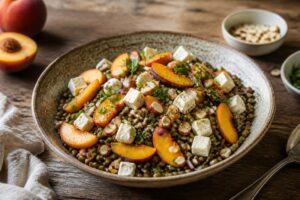 Kalter Linsensalat mit Pfirsich und Feta in einer weißen Schüssel, mit Honig-Senf-Dressing beträufelt, Draufsicht auf hellem Holztisch