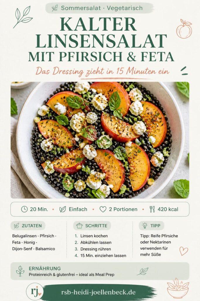 Kalter Linsensalat mit Pfirsich und Feta auf einem hellen Holztisch, mit Honig-Senf-Dressing beträufelt