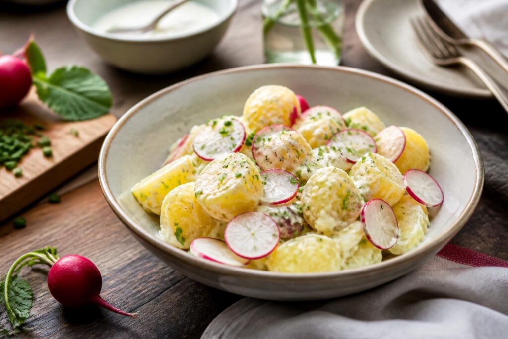 Kartoffel-Radieschen-Salat mit cremigem Buttermilch-Dressing in einer weißen Schüssel, garniert mit frischem Schnittlauch und Radieschenscheiben