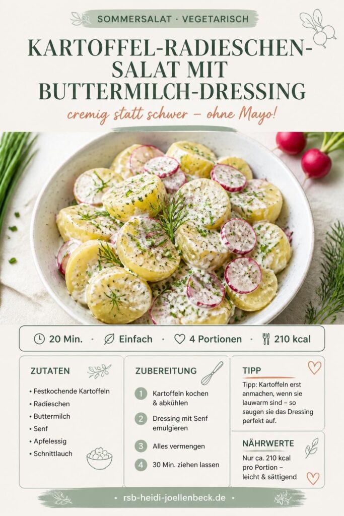 Pinterest-Bild: Kartoffel-Radieschen-Salat mit cremigem Buttermilch-Dressing, garniert mit Schnittlauch
