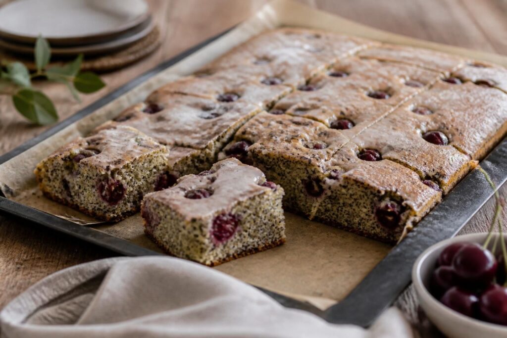 Kirsch-Mohn-Blechkuchen mit Butterstreuseln auf einem Backblech, angeschnitten, saftig und goldbraun gebacken