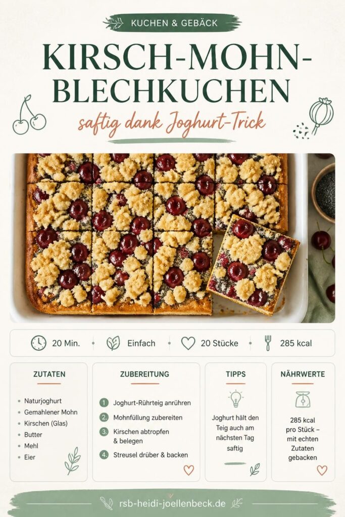 Kirsch-Mohn-Blechkuchen mit Butterstreuseln, saftig und goldbraun gebacken – Pinterest-Rezeptbild