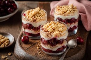 Kirsch-Streusel-Dessert im Glas, kalt geschichtet mit Mascarpone-Creme, Sauerkirschen und knusprigen Butterkeksbröseln, von oben fotografiert