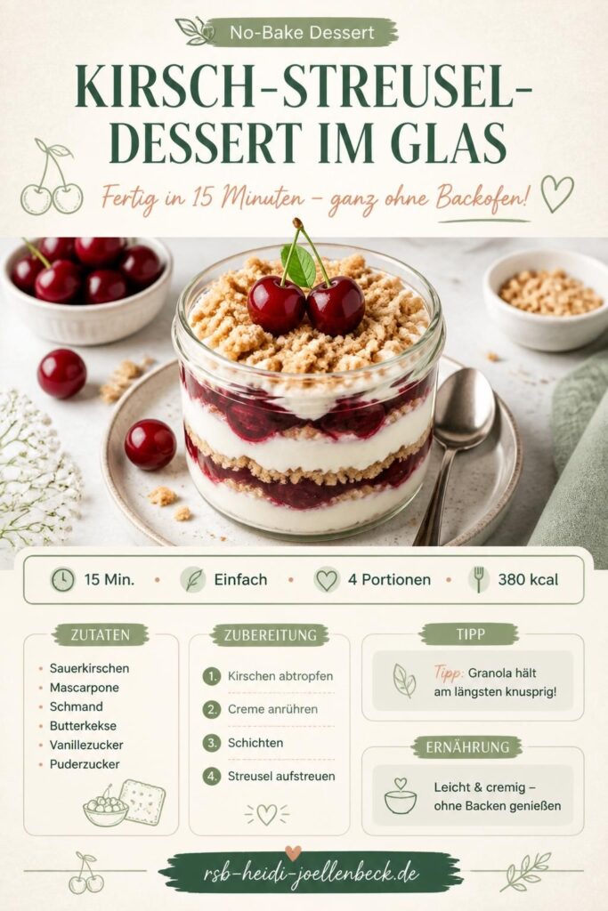 Kirsch-Streusel-Dessert im Glas, kalt geschichtet ohne Backofen, Pinterest-Pin