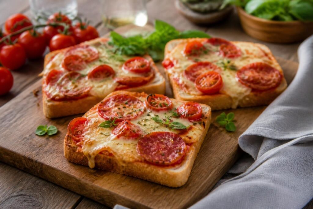 Knusprige Mini-Pizzas aus Toastbrot auf einem Backblech, belegt mit Tomatensauce, Mozzarella und Salami, frisch aus dem Ofen