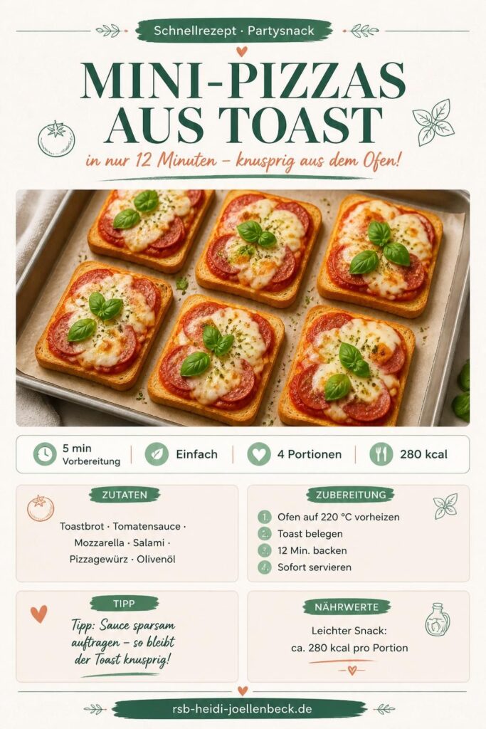 Mini-Pizzas aus Toast auf einem Backblech, knusprig gebacken mit Mozzarella und Salami