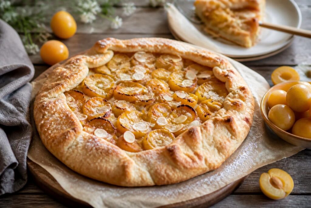 Rustikale Mirabellen-Galette mit Mandelcreme auf einem Holzbrett, goldbraune Ränder, frische Mirabellen als Belag, Spätsommer-Stimmung