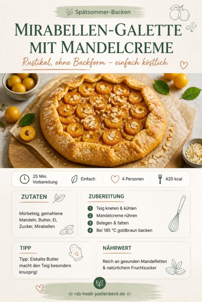 Mirabellen-Galette mit Mandelcreme auf Backpapier, goldbrauner Rand, frische Mirabellen als Belag