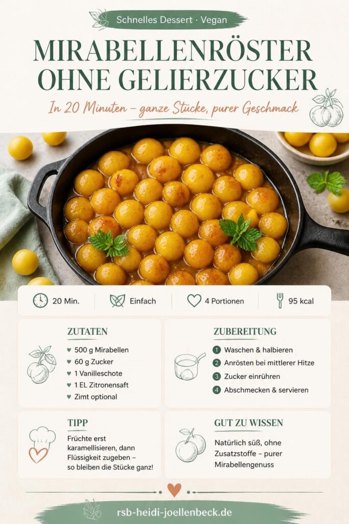 Mirabellenröster ohne Gelierzucker mit ganzen Fruchtstücken in der Pfanne, Pinterest-Rezeptkarte