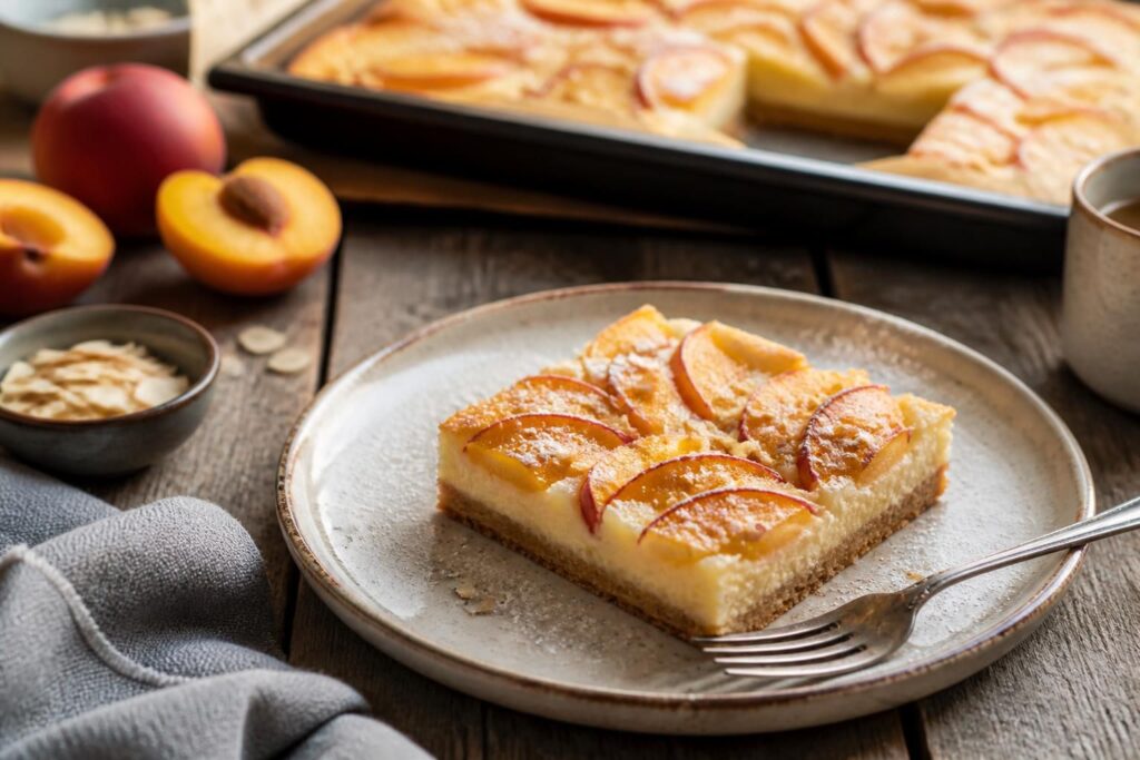 Nektarinen-Schmandkuchen vom Blech mit dünnem, knusprigem Boden und cremiger Schmandcreme, belegt mit frischen Nektarinenspalten