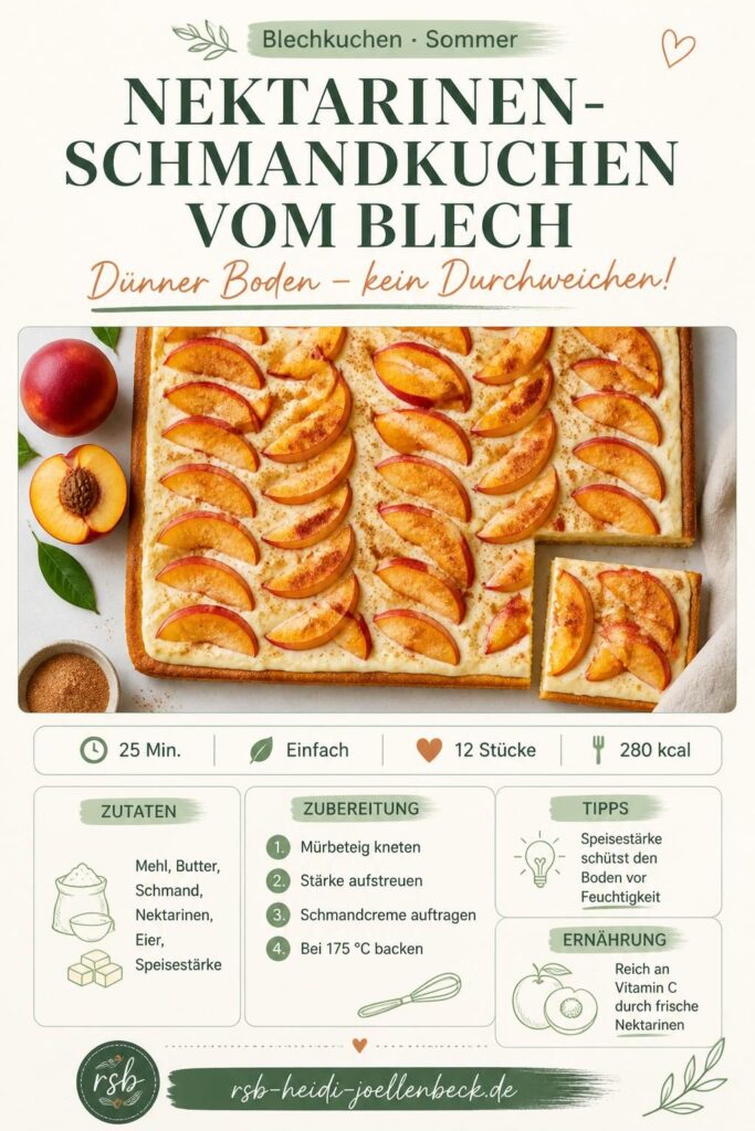 Nektarinen-Schmandkuchen vom Blech mit knusprigem dünnen Boden – Pinterest Rezeptkarte