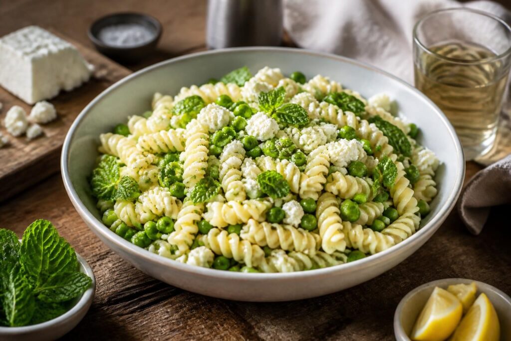 Nudelsalat mit Erbsen, Minze und Feta in einer hellen Schüssel, beträufelt mit Zitronen-Dressing, garniert mit frischen Minzblättern