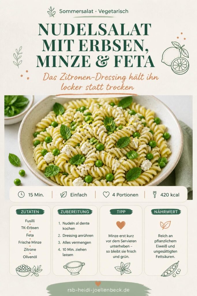 Nudelsalat mit Erbsen, Minze und Feta auf einem hellen Keramikteller – Pinterest-Rezeptkarte